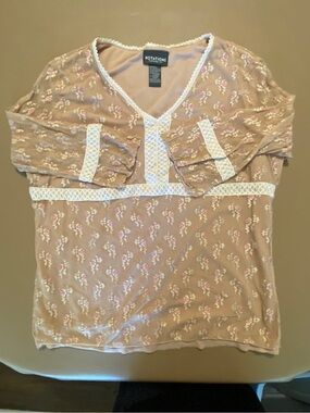 Notations Taupe Lace-Trim Floral V-Neck Tunic